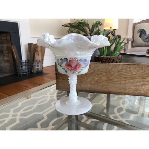 Vintage Fenton Hand Painted Ruffled Pedestal Dish - Picture 1 of 9